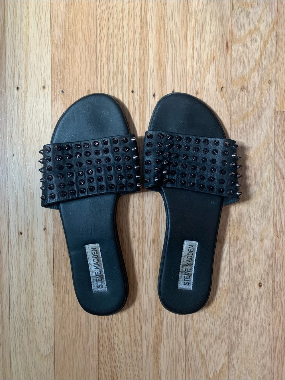 Steve Madden black leather slides with studded strap